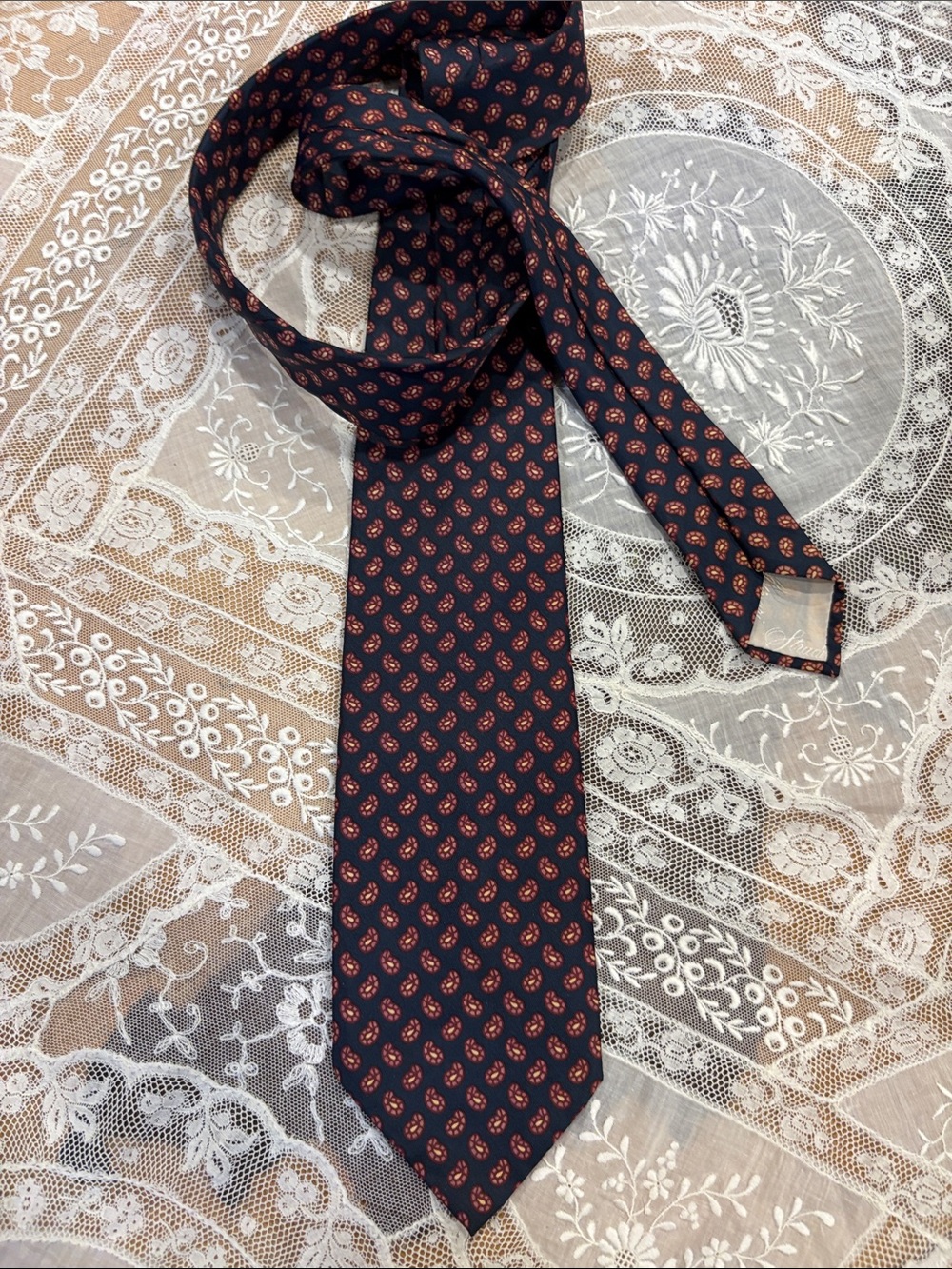Classic Navy Tie with Orange Paisley Dots - Men's Accessory
